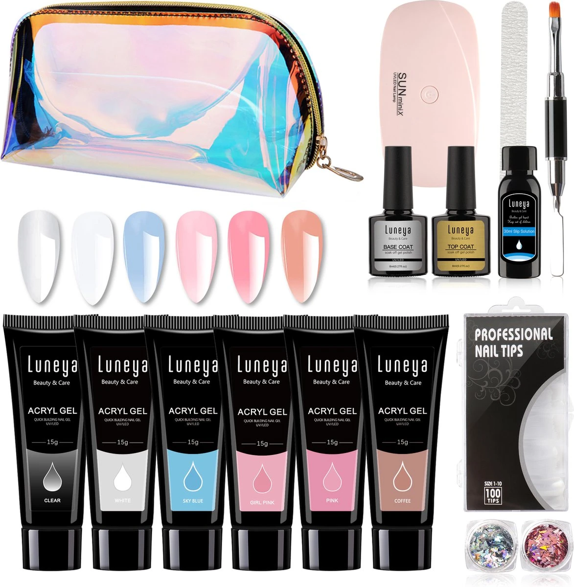 Luneya Polygel Kit - Sunrise Edition - 6 Kleuren - Polygel Nagels Starterspakket - Tasje - Incl. UV LED Lamp 3 Luneya Polygel Kit - Sunrise Edition - 6 Kleuren - Polygel Nagels Starterspakket - Tasje - Incl. UV LED Lamp