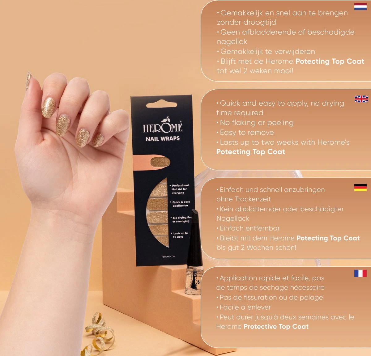 Herome Nail Wraps Starterkit Golden Glitter - 2x10 Nagelstickers - Inclusief Top Coat 4ml - In Organza Verpakt 4 Herome Nail Wraps Starterkit Golden Glitter - 2x10 Nagelstickers - Inclusief Top Coat 4ml - In Organza Verpakt - Afbeelding 2