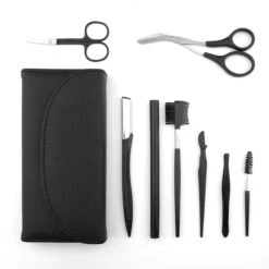 Wenkbrauw Trimmer Set - 8-delig – Met Epileer Pincet, 2x Wenkbrauw Schaartje, 2x Wenkbrauwmesje, Wenkbrauw Borstel, Wenkbrauwpotlood, Spoolie – In Stevige Etui - Zwart -Beroemde Cosmetica Winkel 1200x1200 1372