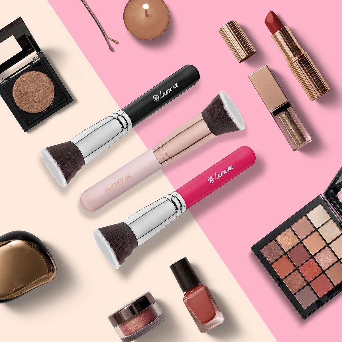 Foundation Borstel Roze - Lamora - Make-Up Kwast 4 Foundation Borstel Roze - Lamora - Make-Up Kwast - Afbeelding 2