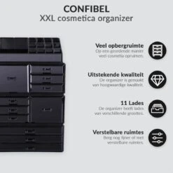 Confibel XXL Acryl Make-up Cosmetica Organizer - Verstelbare Lades - Sieraden/Make-up/Cosmetica Organizer - 11 Compartimenten - Zwart -Beroemde Cosmetica Winkel 1200x1200 1643