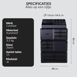 Confibel XXL Acryl Make-up Cosmetica Organizer - Verstelbare Lades - Sieraden/Make-up/Cosmetica Organizer - 11 Compartimenten - Zwart -Beroemde Cosmetica Winkel 1200x1200 1644