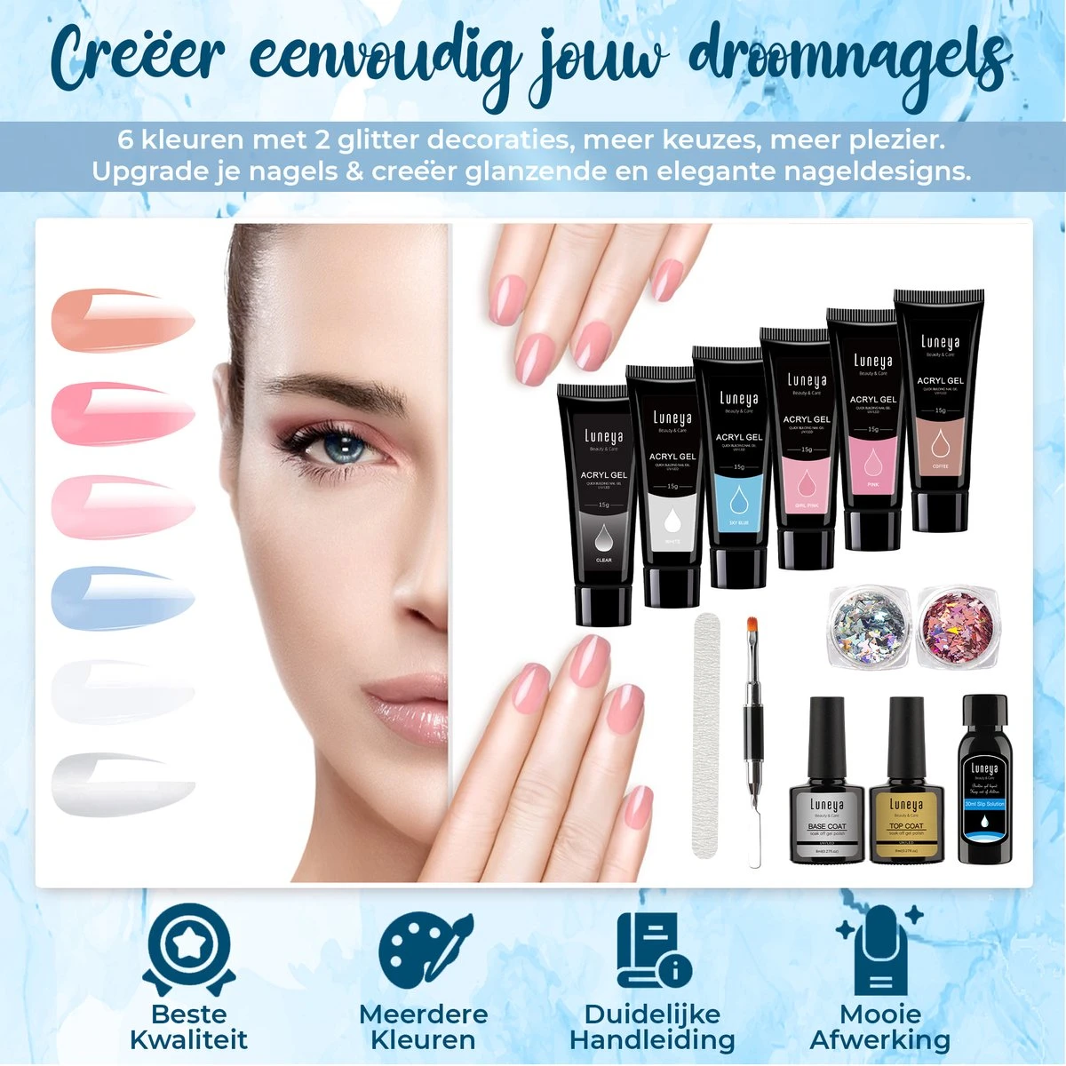 Luneya Polygel Kit - Sunrise Edition - 6 Kleuren - Polygel Nagels Starterspakket - Tasje - Incl. UV LED Lamp 5 Luneya Polygel Kit - Sunrise Edition - 6 Kleuren - Polygel Nagels Starterspakket - Tasje - Incl. UV LED Lamp - Afbeelding 3