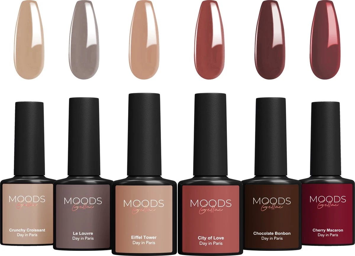 Moods Gellac 6-delige Set - Gel Nagellak - 8ML - Day In Paris - Gellac - Nagels - Gellak Starterspakket - Caramel Kleuren 3 Moods Gellac 6-delige Set - Gel Nagellak - 8ML - Day In Paris - Gellac - Nagels - Gellak Starterspakket - Caramel Kleuren